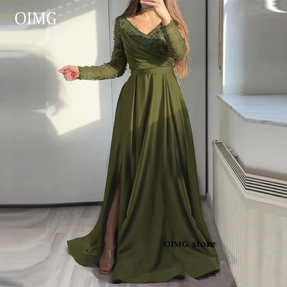 Купи OIMG Modest Army Green Satin And Lace Formal Evening Dresses Long Sleeves V Neck Side Split Vintage Prom Gown Plus Size за 4,920 рублей в магазине AliExpress