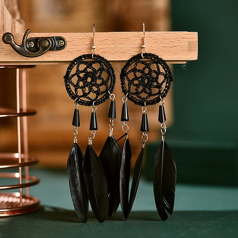 

Black Feather Dream Catcher Long Tassel Earrings for Women's Personality Drop Earrings Anniversary Jewelry Pendientes Femeninos