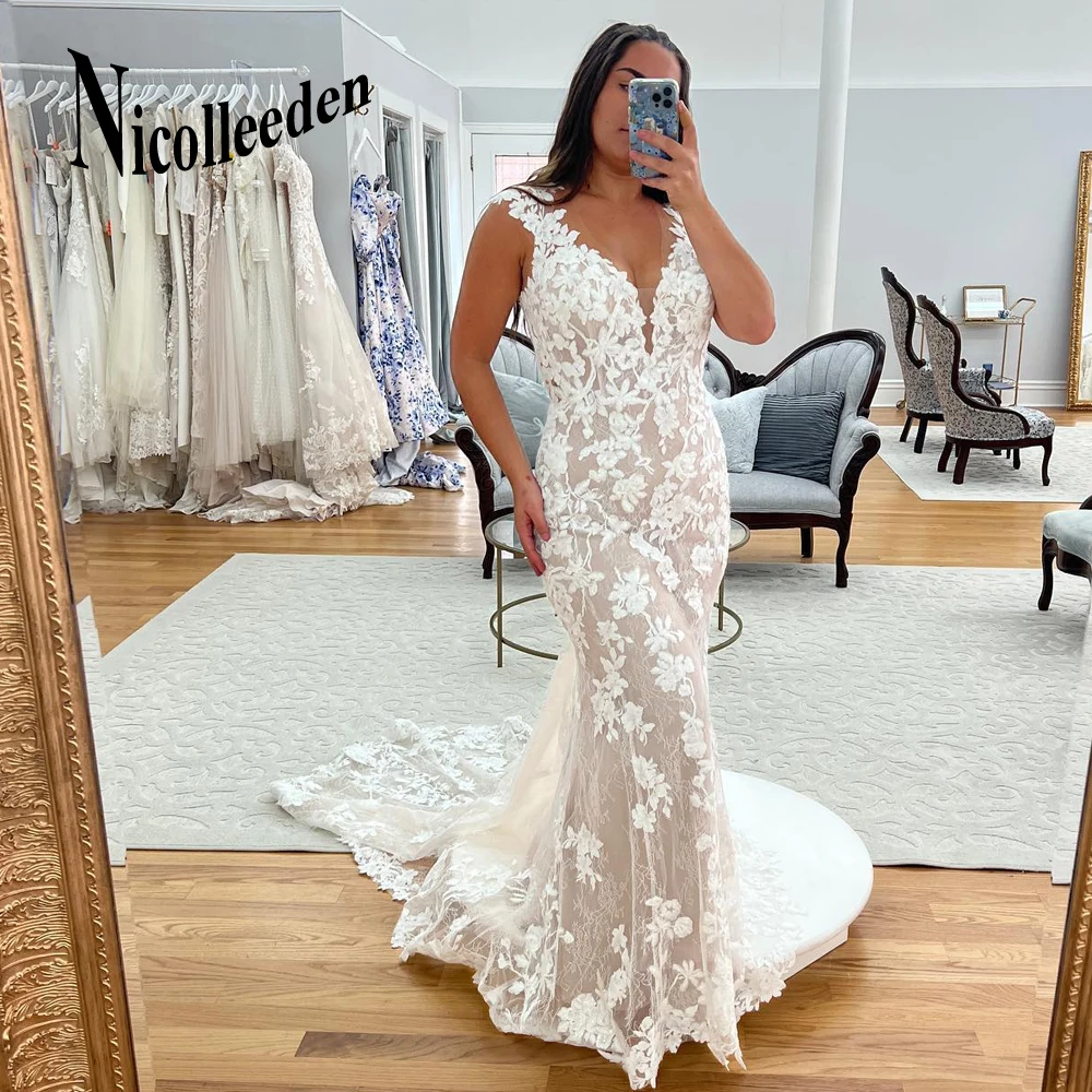 

Привлекательное свадебное платье с юбкой-годе для женщин, 2023, Кружевная аппликация для невесты, винтажное платье с V-образным вырезом и открытой спиной со шлейфом