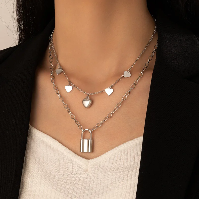 

New 2022 Lock Heart Pendant Double Layer Necklace Geometric Heart Chain Multi-layer Choker