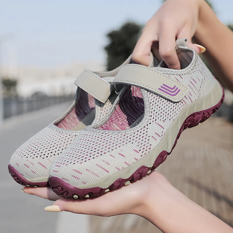 Summer Non-slip Soft Mother Sneakers Breathable Walking Mesh Travel Casual Shoes Women's Comfortable Lightweight Flat Sneakers