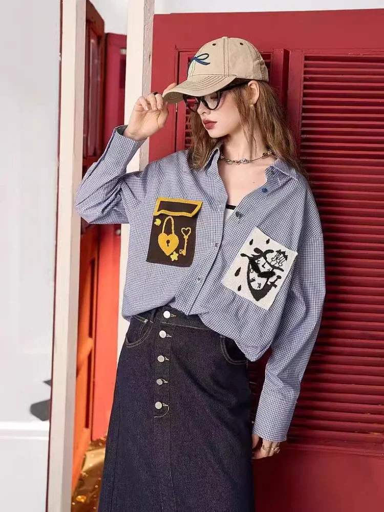 Осенняя новая синяя клетчатая свободная рубашка Y2K модная повседневная куртка с