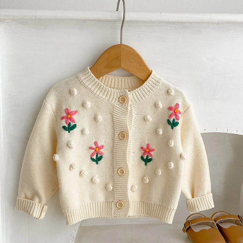 

2023 New Spring Autumn 0-3Yrs Toddler Baby Girls Sweater Coat Flower Embroidery Handmade Wool Ball Long Sleeve Cardigan Coat