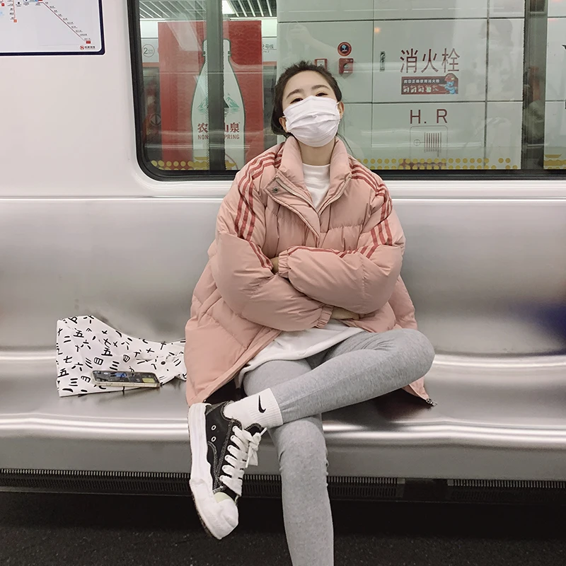 Three Bars Down Cotton Coat Women's 2022 Winter Thickened Warm Stand Collar Versatile Loose Student Cotton Coat Bread Coat