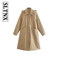 xltnx 2022 new trend womens autumn and winter hooded windbreaker fashion casual loose solid color long sleeved mid length coat