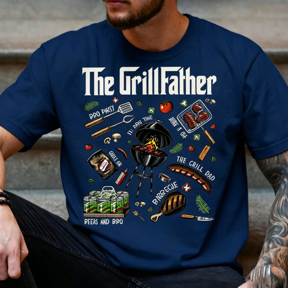 Фото Ретро-футболка The Grillfather BBQ с принтом в стиле «Крестного отца», винтажная мужская летняя футболка с круглым вырезом, хлопковая, с коротким рукавом №5