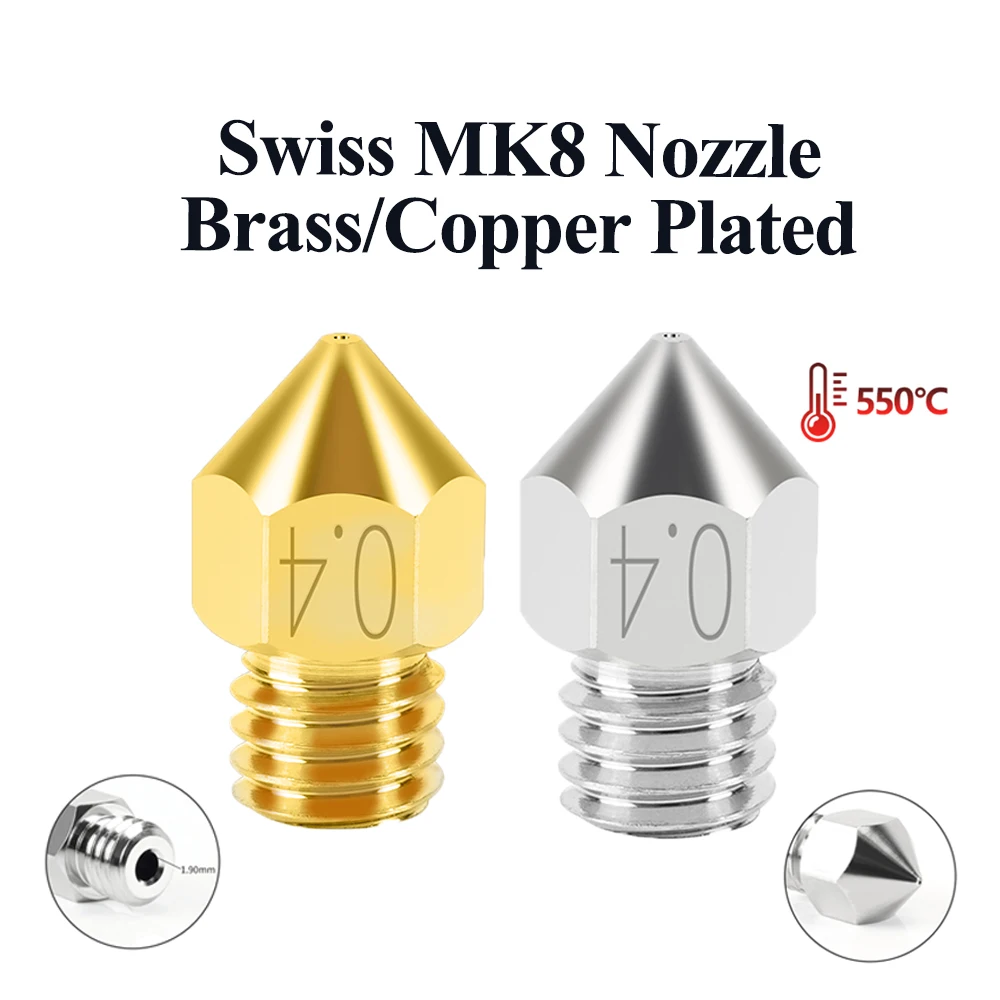 MEGA 1PC Swiss MK8 Nozzle Copper Plated M6 Thread 1.75MM Filament 0.4/0.6/0.8mm for 3D Printers CR10 Heat Block Ender3 Hotend