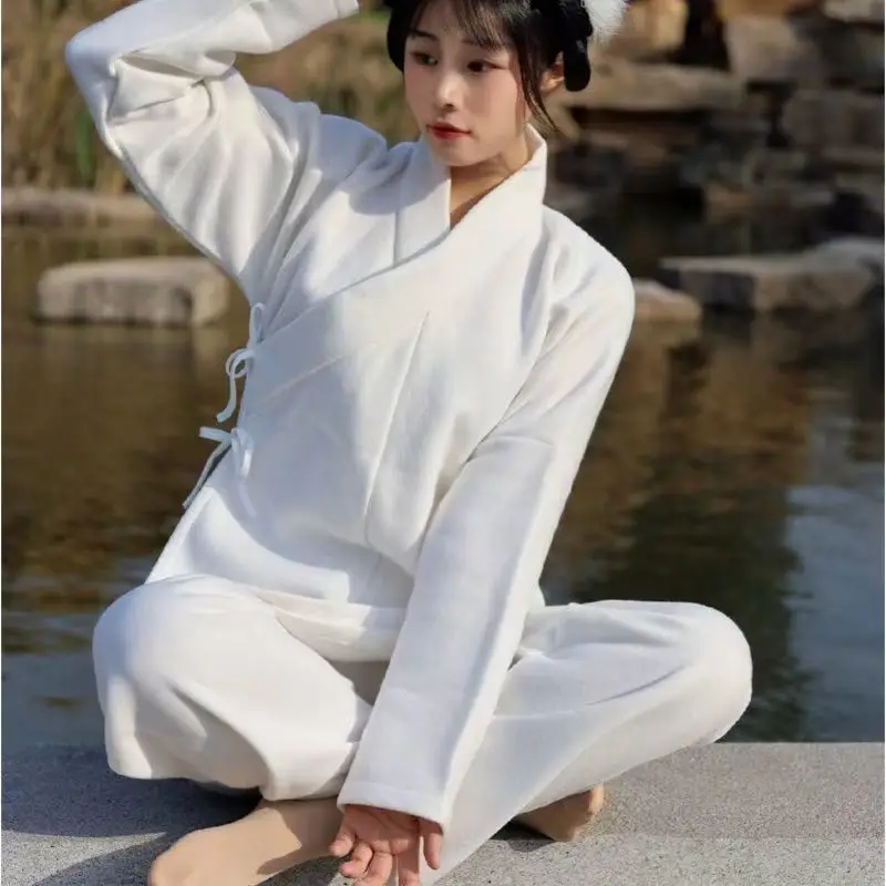 Фото Бархатные женские и мужские топы и брюки Hanfu для пар, одинаковые костюмы унисекс для взрослых, белая утолщенная внутренняя одежда, утепленная теплая одежда для сна №5