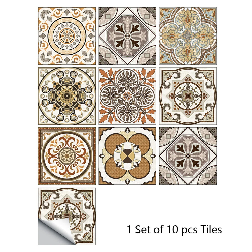 

10PC 10/15CM Wall Sticker European Style Tile Sticker Self-adhesive Waterproof Wallpaper For Floor Kitchen Bathroom Decoration