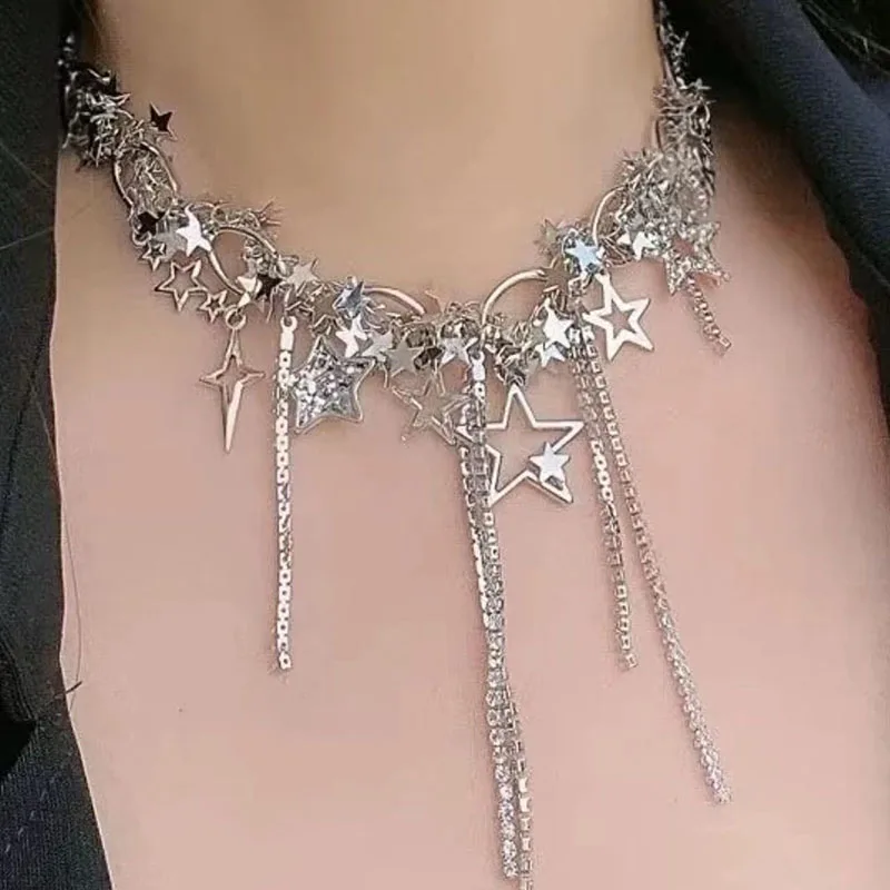 

Y2K Stars Hanging Tassel Necklace Women's Stainless Steel Zircon Inlaid Party Jewelry Five Point Star Collar Chain Accessories