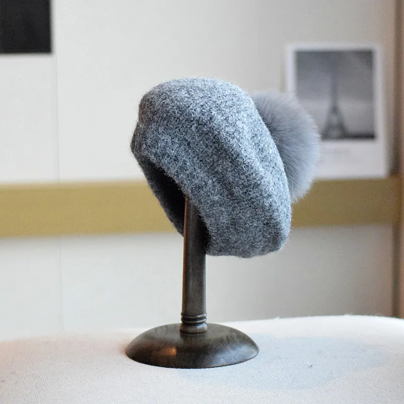 

Hat Women Beret Winter Knit Real Fur Pompom Autumn Warm Soft Skiing Accessory For Sports Holiday