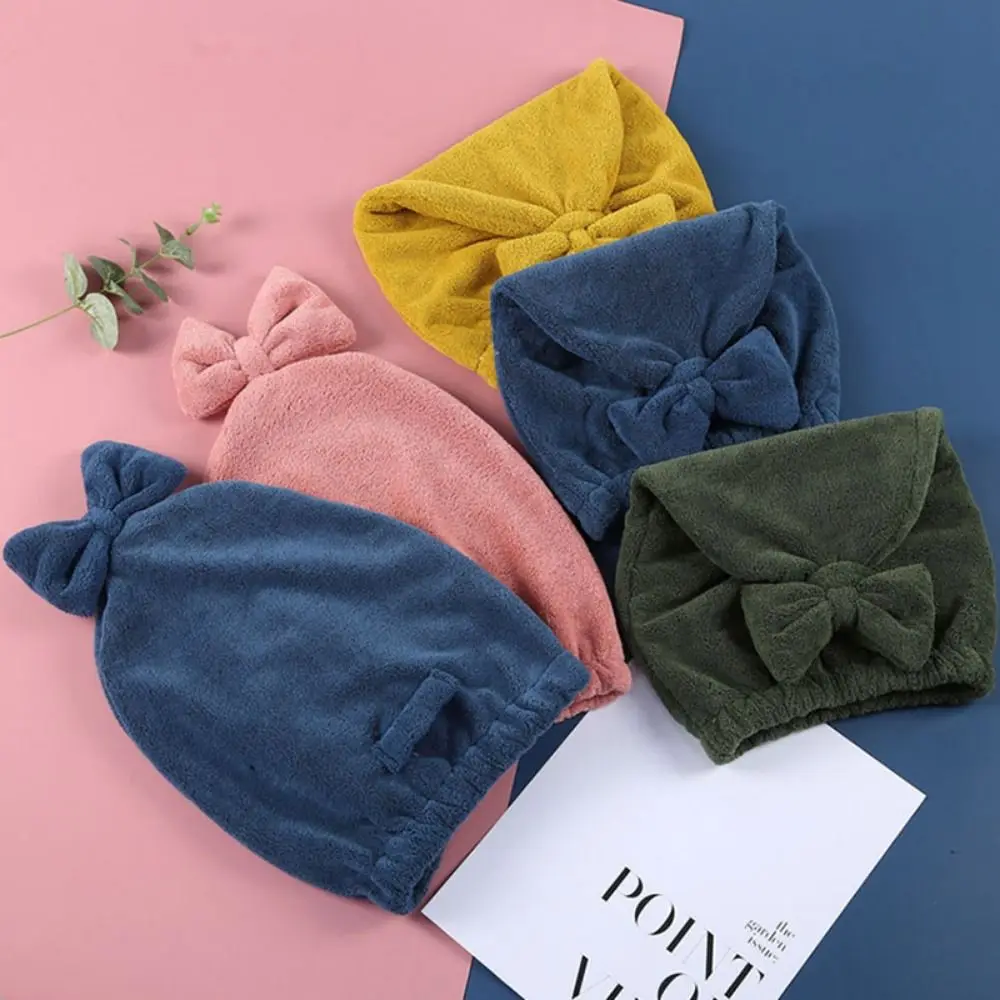 

Soft Shower Bowknot Absorbent Wrap Towel Coral Fleece Hair Drying Hat Dry Hair Cap