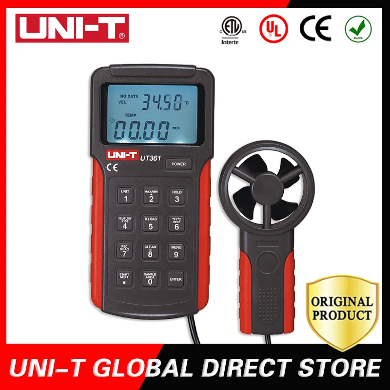 

UNI-T Digital Anemometer Wind Speed Air Volume Meter UT361/UT362 Tachometer Data Storage Logger Temperature Tester LCD Backlight