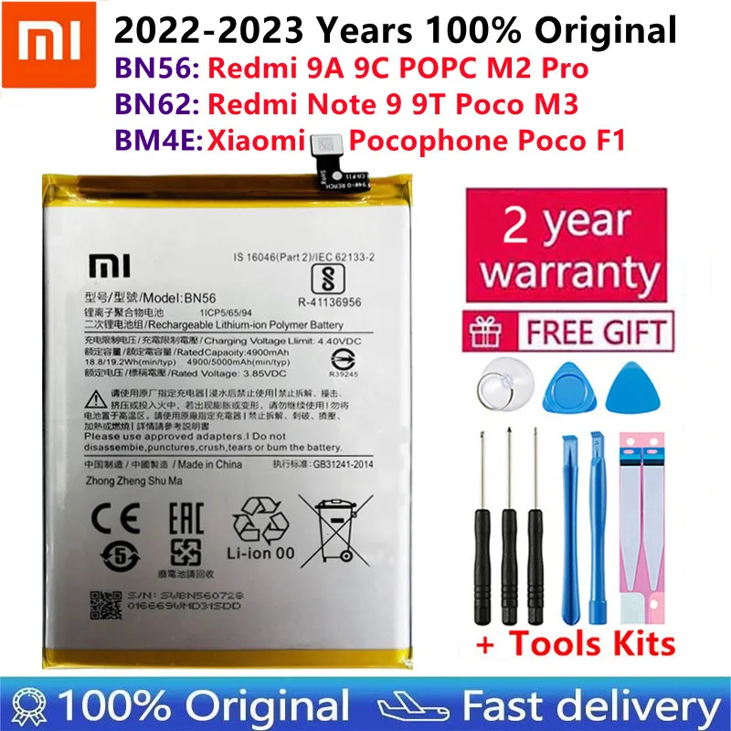 

100% Original Replacement Battery BM4E BN56 BN62 For Xiaomi Mi Redmi Note 9 9T 9A 9C Pocophone Poco F1 POCO M2 Pro M3 Batteries
