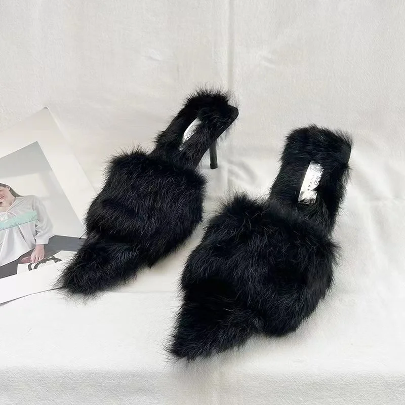 

Женские меховые шлепанцы, заостренный носок, высокий каблук, Модные приталенные, на осень/зиму