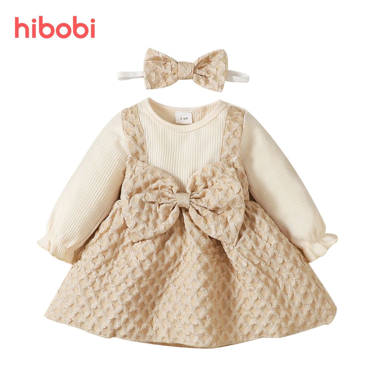 hibobi Baby Sweet Solid Color Bowknot Decor Long Sleeve Dress with Headband One-piece Infant Birthday Outfit For Girls