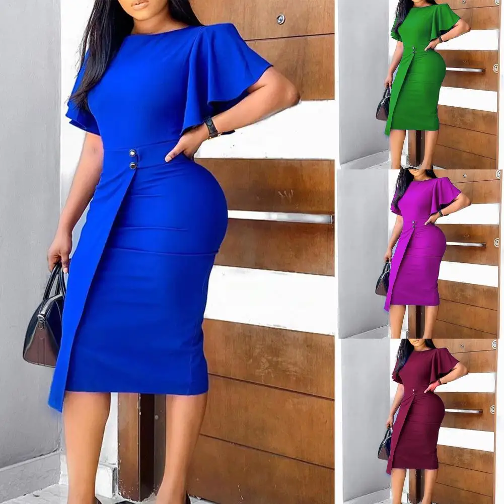 

A dress with a round collar in solid color for a woman's wedding party dress vintage dress