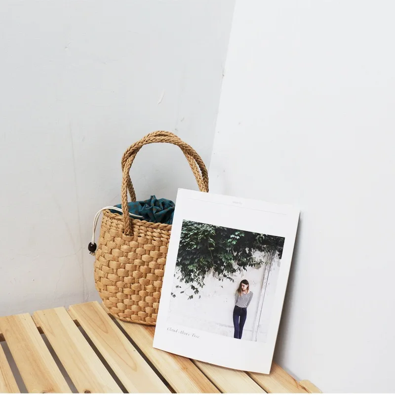 Eco Friendly Hand-woven Soft Handle Ladies Tote Vintage Rattan Woven Sea Handbag Straw Summer Beach Bag for Women