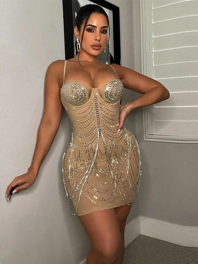 

2022 Sexy Sleeveless Backless Beige Studded Crystal Women Summer Bodycon Dress Designer Fashion Evening Party Dress Vestido
