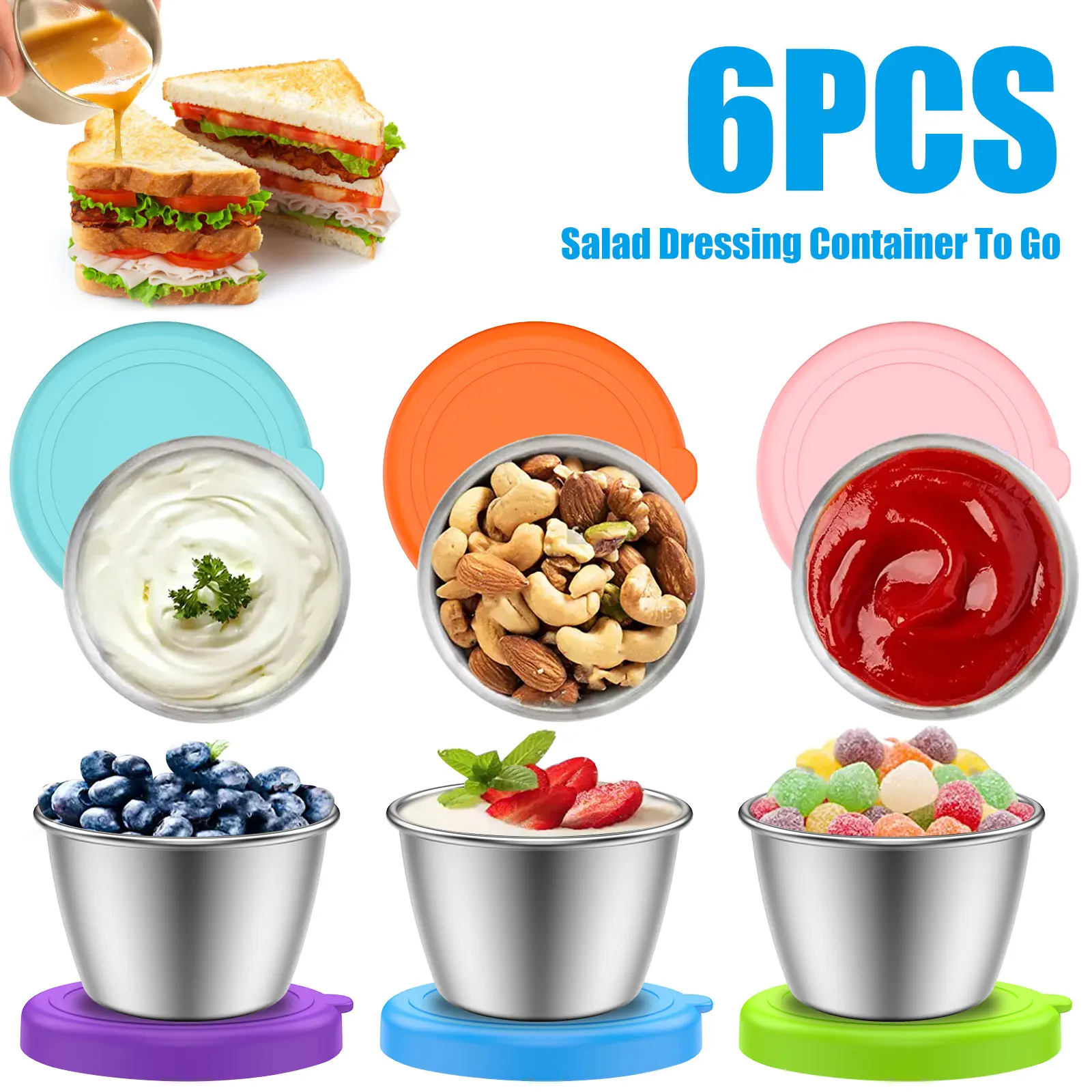 

6Pcs 2.4 oz Salad Dressing Container Portable Stainless Steel Small Condiment Containers with Silicone Lids Leakproof Dipping