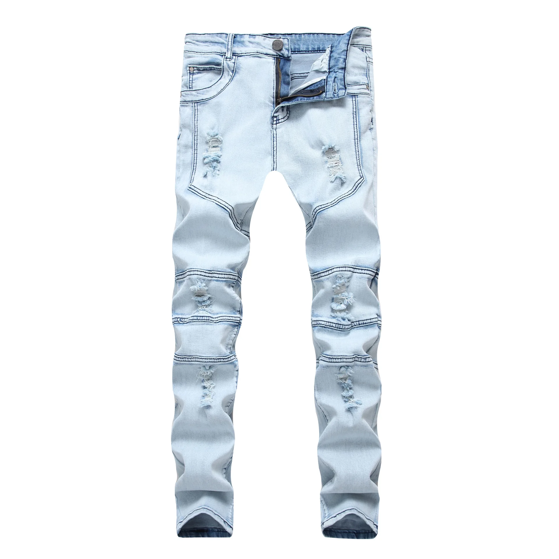 

Mens Ripped Jeans Distressed Slim light blue Patchwork Elastic Jeans Straight Slim Denim trousers Hip Hop Pants Plus Size 28-42