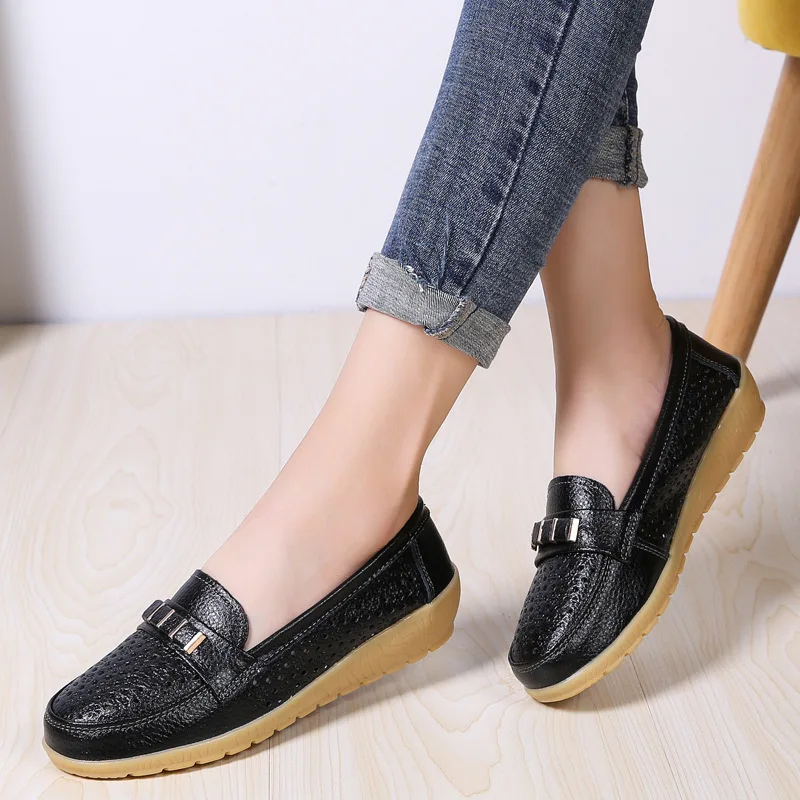 41 42 43 Plus Big Over Large Size Cowhide Beanie Shoes  Mom Shoes Flat Foot Kick Hole Shoes Women's Single Shoes Luxury Shoes
