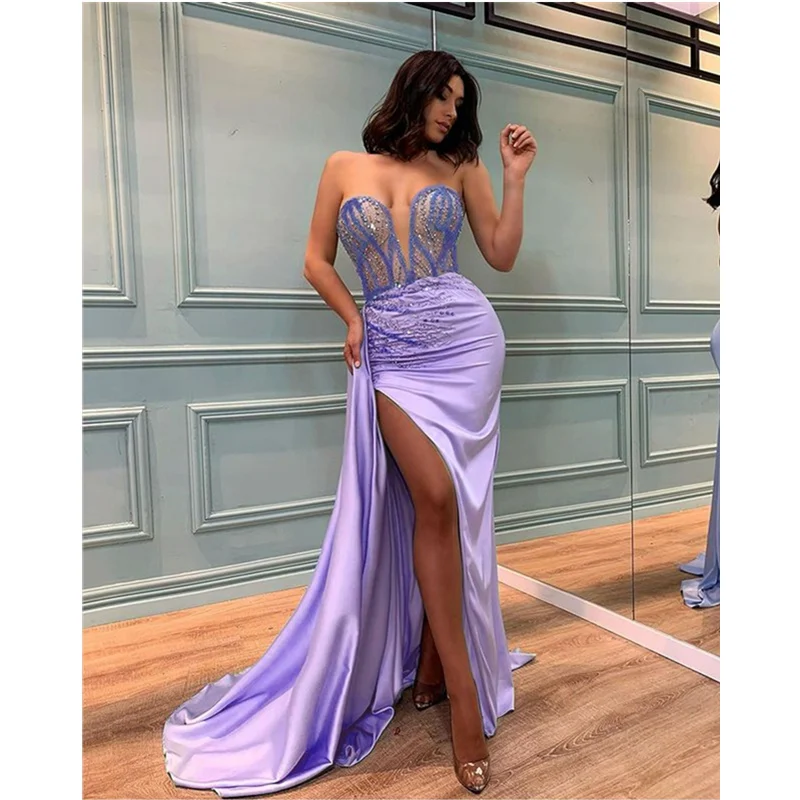 

Mandylandy Women Elegant Sequins Strapless Evening Mermaid Dress Lady Off Shoulder High Waist Corset Side Slit Formal Dress Robe