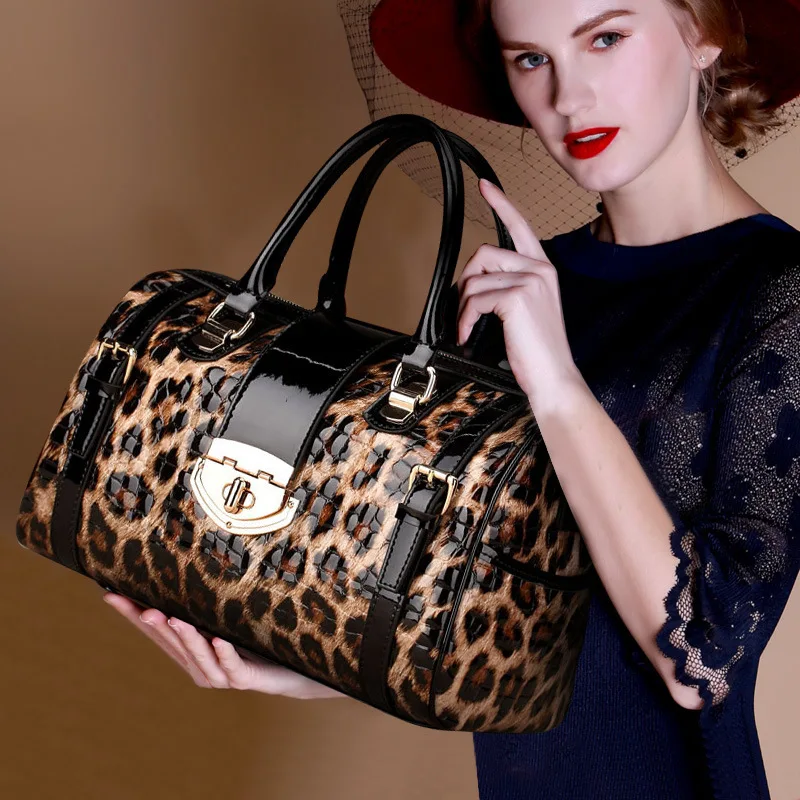 Luxury Women's Big Bag Classic Leopard Leather Handbag Leopard Soft Cow Leather Travel Handbag Women's Shoulder Weekend Bag