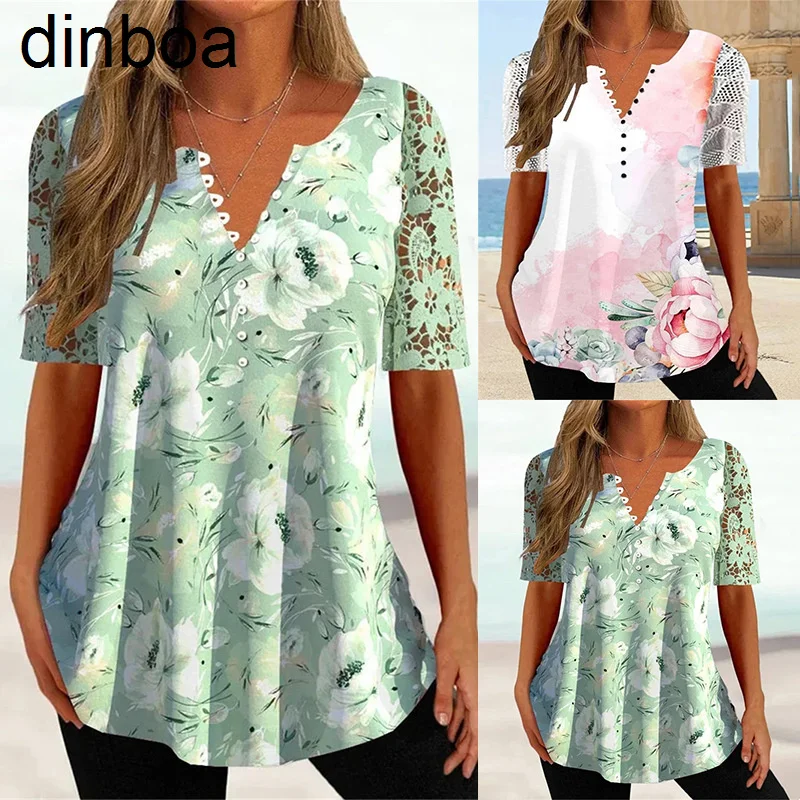 

Dinboa-women's 2023 Summer Loose V-neck Lace Short Sleeve Printed Shirt for Women