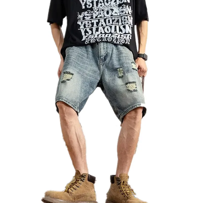 Summer Blue Hole Denim Shorts Men Fashion Casual Straight Jeans Men Streetwear Hip Hop Loose Short Jeans Mens Five-point Pants