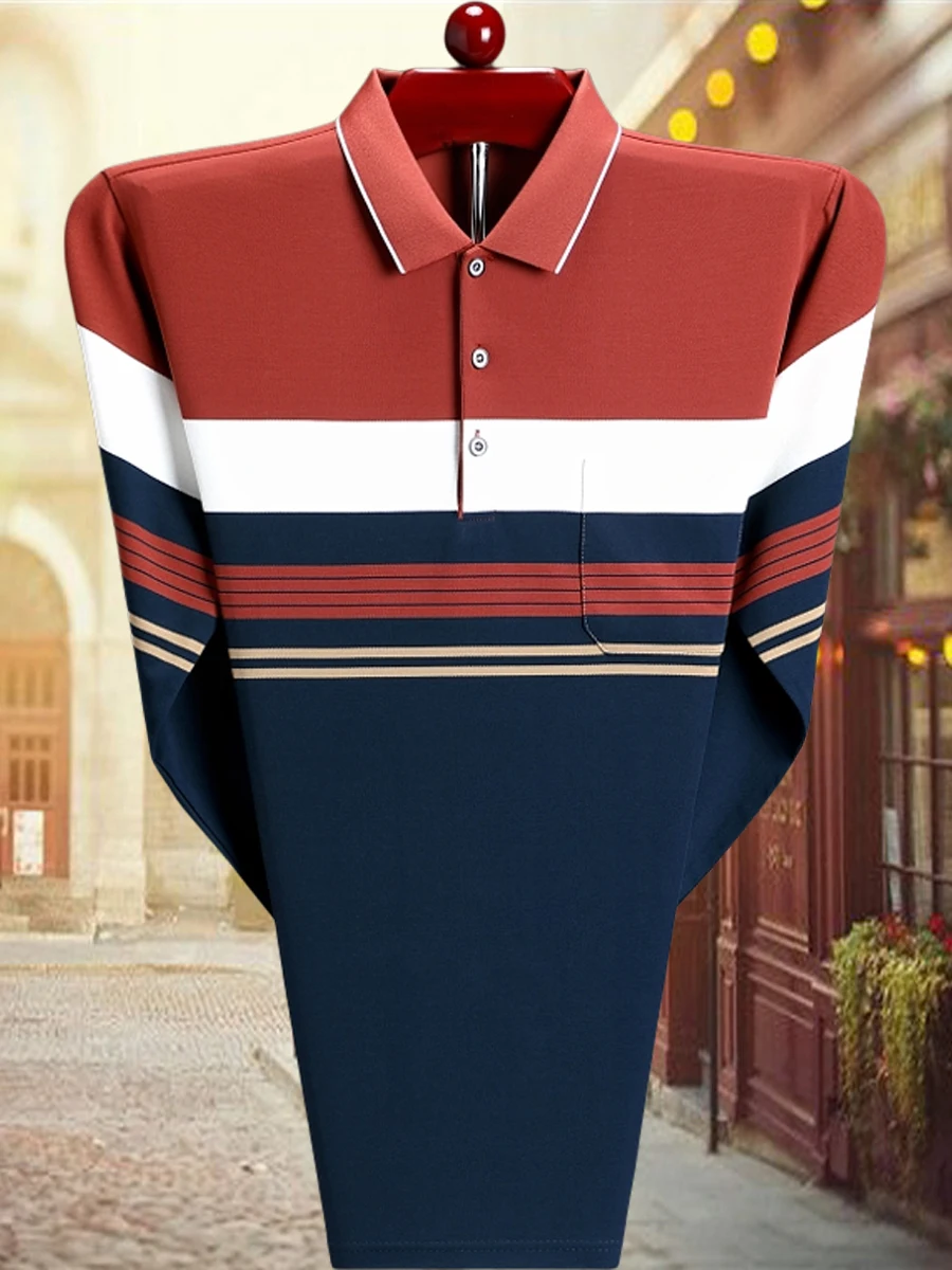 Woodpecker Spring and Autumn Men's Lapel Stripe Long sleeves Shirt Daddy Clothes Real Pocket Mercerized Cotton Base Polo |