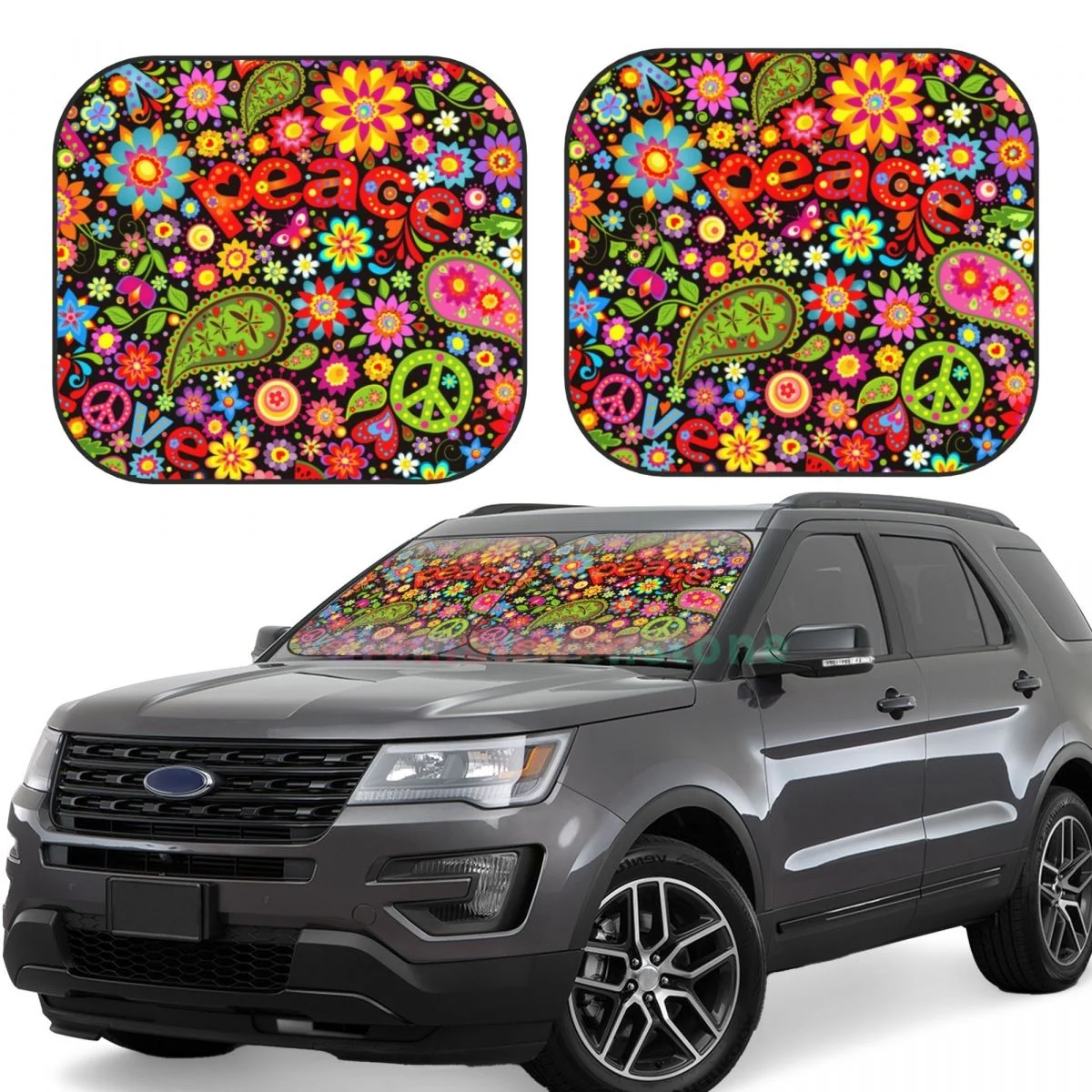 Hippie Flower Car Reflective Sun Blocker Fits Small Sedans Accessories Mini SUVs Standard Sunshade