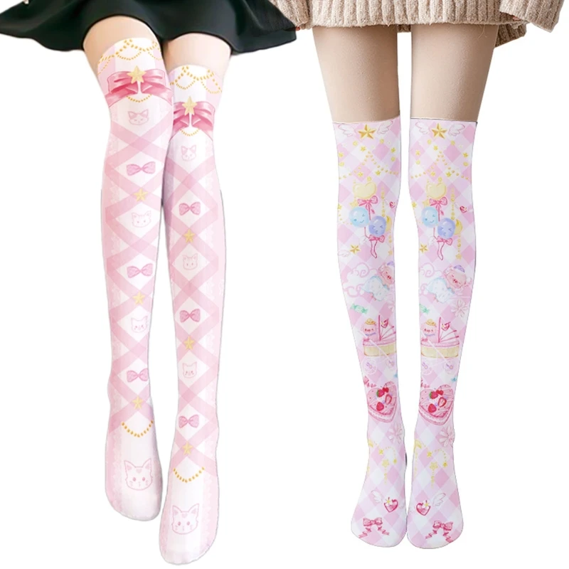 

Women Thin Thigh High Stockings Japanese Anime Cartoon Balloon Cake for Cross Bowknot Printed Over Knee So