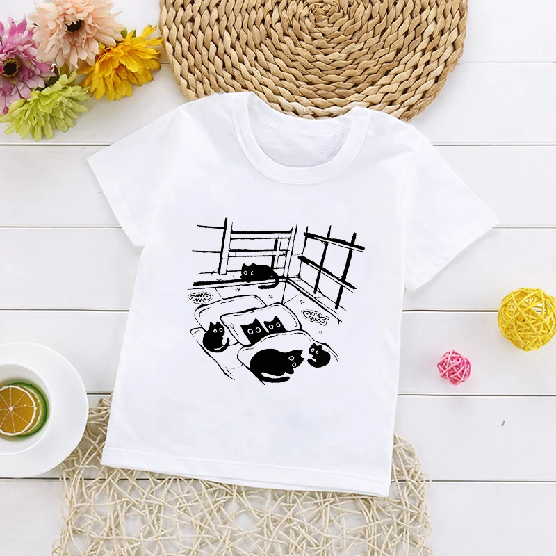 

Летняя Новинка, модная детская футболка с милым рисунком черного кота и графическим принтом, футболки с коротким рукавом, повседневные топы...