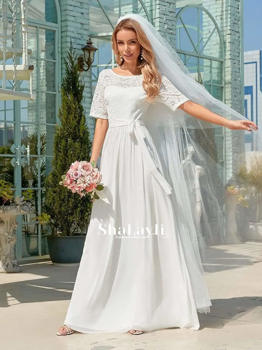 

Formal Wedding Dress Elegant Chiffon Lace With A-line Floor Length Short Sleeves O-neck Garden Wedding Bride Gowns Backless