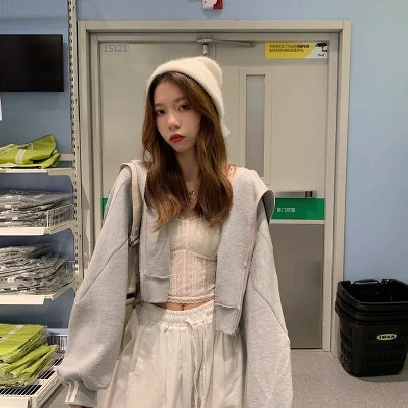 Женский свитер с капюшоном и кроличьими ушками серая свободная короткая куртка