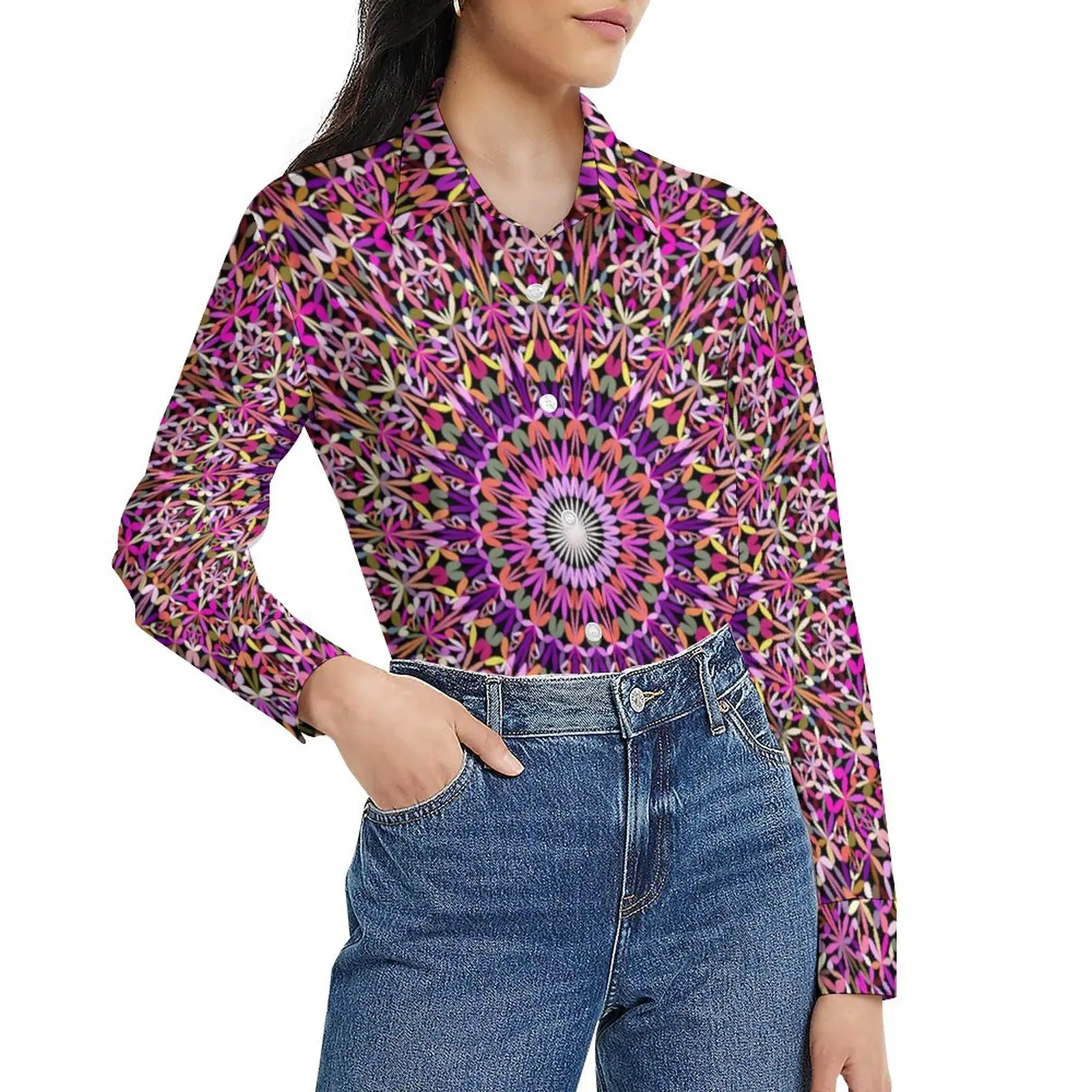 

Colorful Mandala Loose Blouse Abstract Floral Print Street Style Oversize Blouses Female Long-Sleeve Retro Shirt Spring Clothes