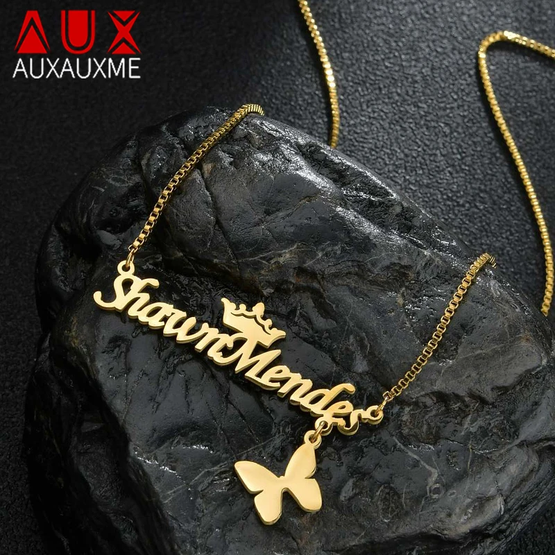 

Auxauxme Custom Butterfly Crown Name Necklace for Women Stainless Steel Personazlied Heart Star Nameplate Choker Jewelry Gifts