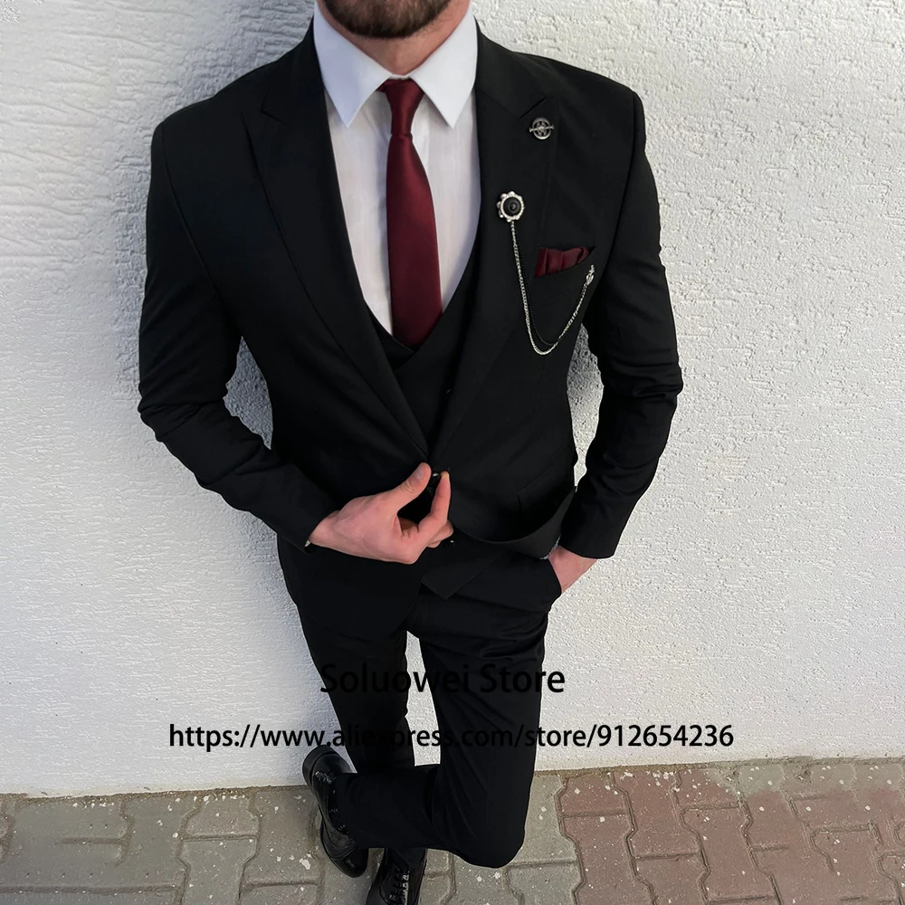 Suits For Men Navy Blue Slim Fit Groom Wedding Peaked Lapel Tuxedo 3 Piece Jacket Vest Pants Set Male Formal Business Blazer