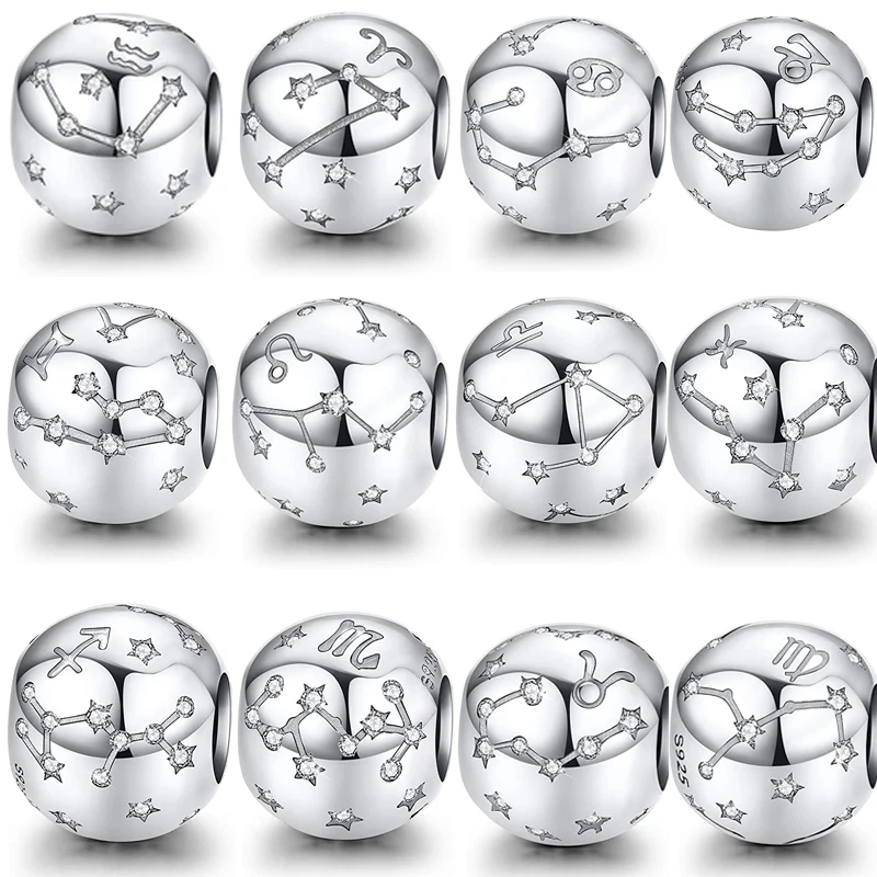 

Genuine Charms 925 Sterling Silver 12 Constellation Zodiac Round Beads Fit Original Pandora Bracelet Charms Gemini Jewelry