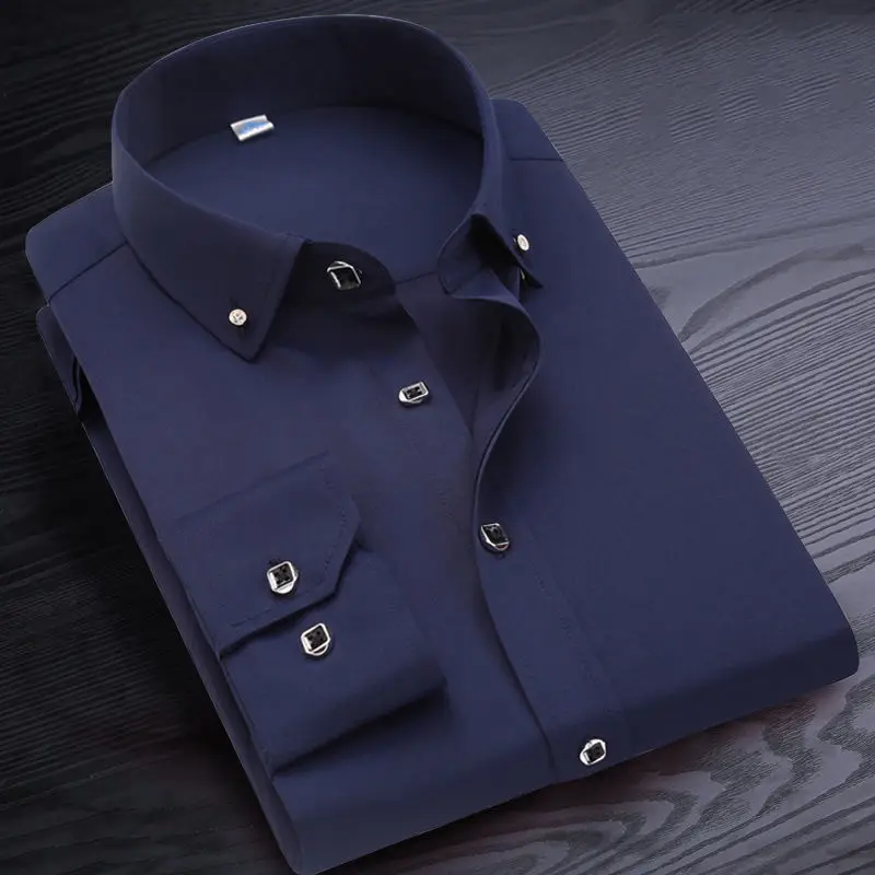 Korean Spring and Autumn Long Sleeve Shirt Men's Business Slim Fit Formal White Shirt Middle Aged and Youth Square Neck Top