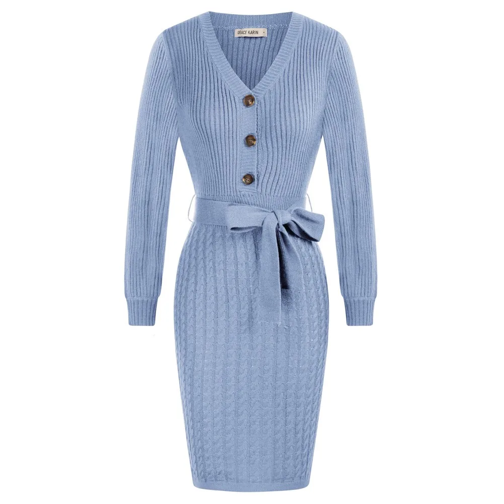 

GK Women Dress Sweater With Belt Knitted Elegant Long Sleeve V-Neck Kitted Bodycon Dress Winter Warm Loose Casual Robe