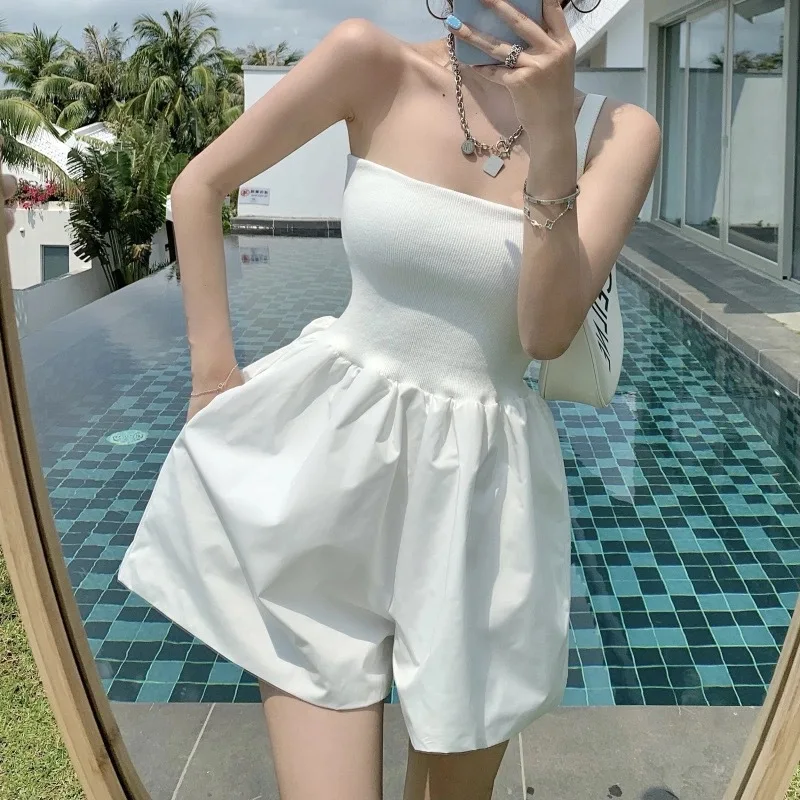 

High Waist Solid Color Summer Jumpsuit Sleeveless Strapless Playsuits Women Sexy Streetwear Combinaison Casual Wide-leg Rompers