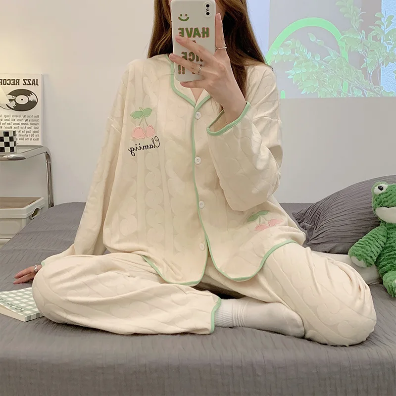 Yasuk Spring Autumn Fashion Women Casual Soft Print Sleepwear Homewear Pajamas With Pants Sweet Fruits Cherry Girl Simple
