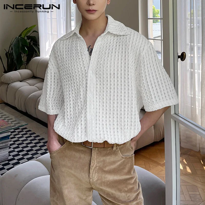 

INCERUN Tops 2023 Korean Style Men's Leisure Vacation Solid Shirts Fashion Streetwear Hot Selling Male Short Sleeve Blouse S-5XL