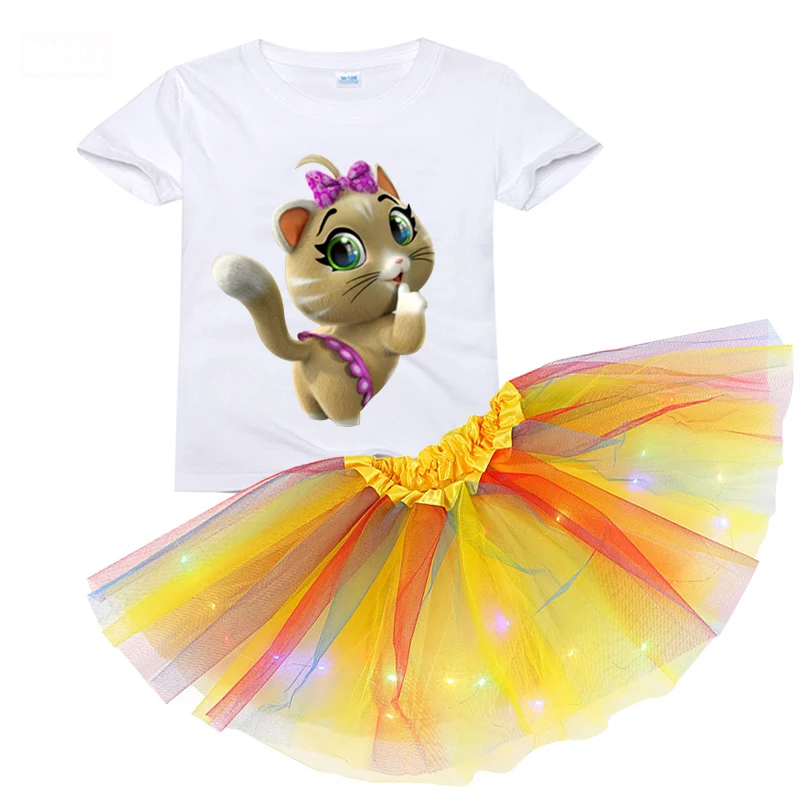 

Комплекты летней одежды для девочек, модная детская одежда, комплект из 2 предметов, светящаяся юбка и платье + футболка с коротким рукавом, о...