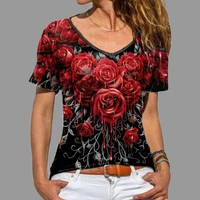 summer trend melted rose graphic t shirts womens clothes 3d print cropped t shirt female casual short sleeve blouse v neck tees