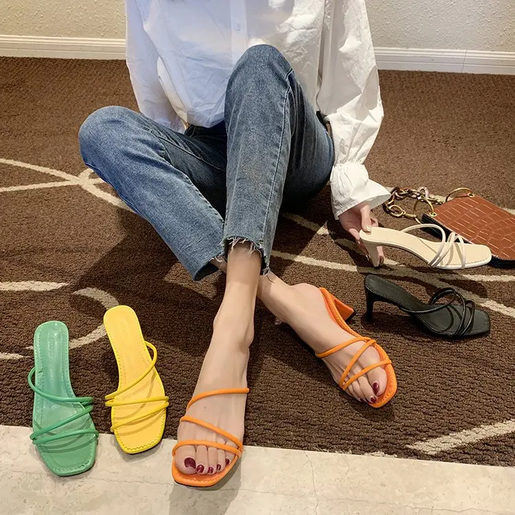 

Apanzu Summer Ladies Strappy Mules Women Square Toe Sandals 6CM High Heels Slippers Female Fashion Woman Shoes Yellow Green