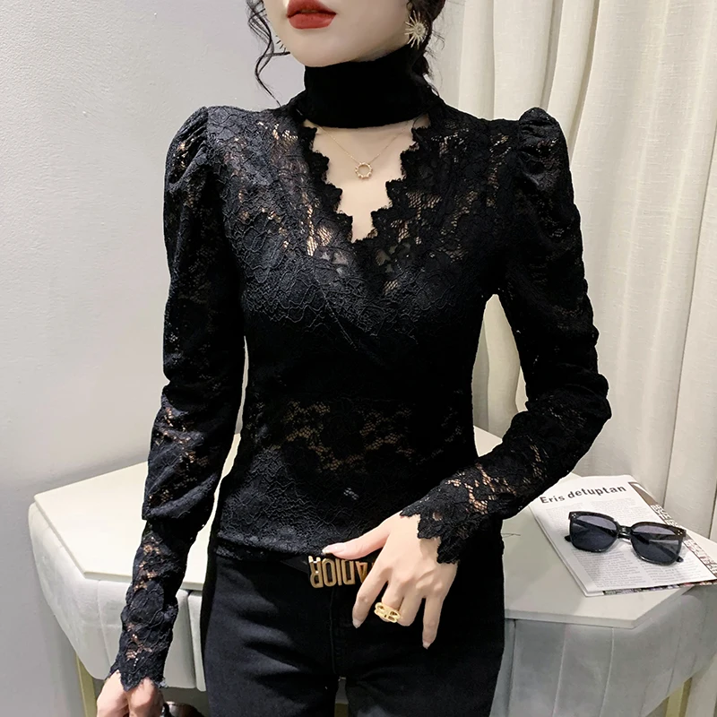 

Ladies New Fashion OL See-through Lace TShirts Women Sexy Tops Female Girls Nice Clothes Girls Aesthetic Bishop Sleeve Clothing