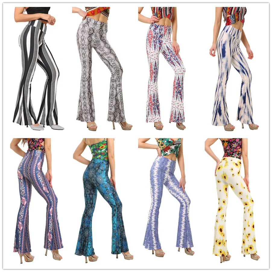 GODDESS Summer Women's Tight Bag Hip Print Flared Pants Women's Casual Street Trend High Waist Wide Leg Slim Trousers